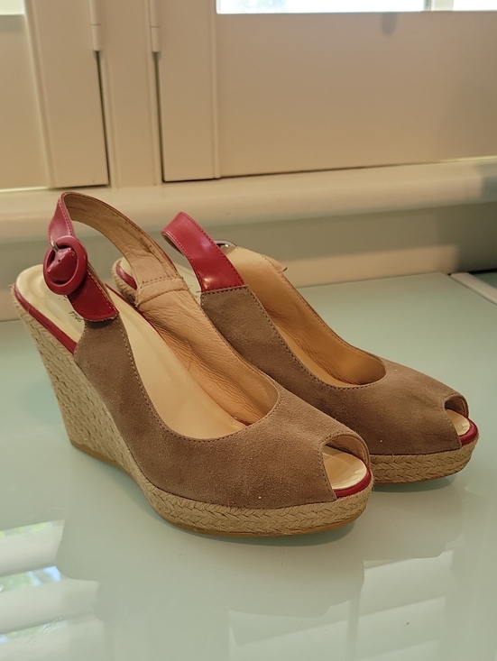 Toni Pons Shoes - Toni Pons Wedge Slingback Sandal Size 38 Beige Suede Leather Upper With Red